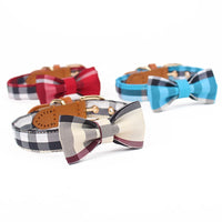 HKM-6577853 Stylish Leather Stitching Mesh Bow Pet Collar in Classic Khaki, Bordeaux Red & Rhine Blue