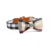 HKM-6577853 Stylish Leather Stitching Mesh Bow Pet Collar in Classic Khaki, Bordeaux Red & Rhine Blue