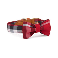 HKM-6577853 Stylish Leather Stitching Mesh Bow Pet Collar in Classic Khaki, Bordeaux Red & Rhine Blue
