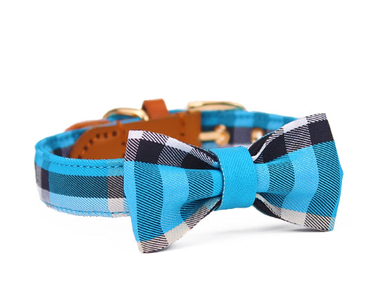 HKM-6577853 Stylish Leather Stitching Mesh Bow Pet Collar in Classic Khaki, Bordeaux Red & Rhine Blue