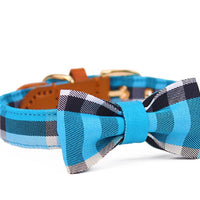 HKM-6577853 Stylish Leather Stitching Mesh Bow Pet Collar in Classic Khaki, Bordeaux Red & Rhine Blue