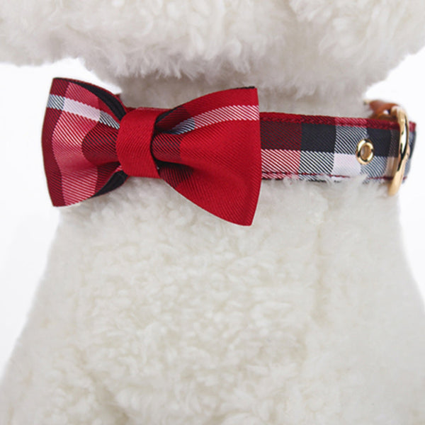 HKM-6577853 Stylish Leather Stitching Mesh Bow Pet Collar in Classic Khaki, Bordeaux Red & Rhine Blue