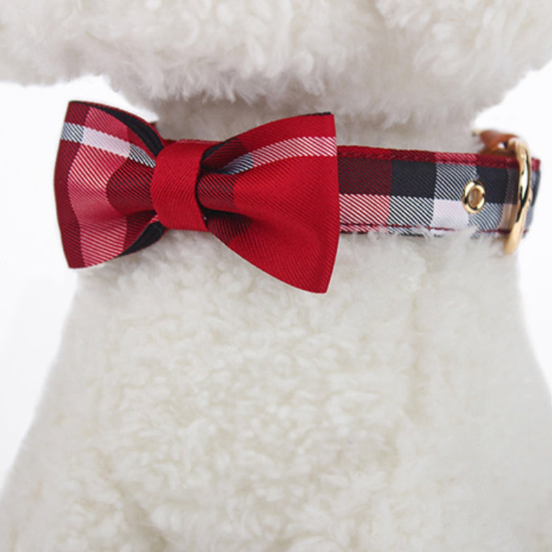 HKM-6577853 Stylish Leather Stitching Mesh Bow Pet Collar in Classic Khaki, Bordeaux Red & Rhine Blue
