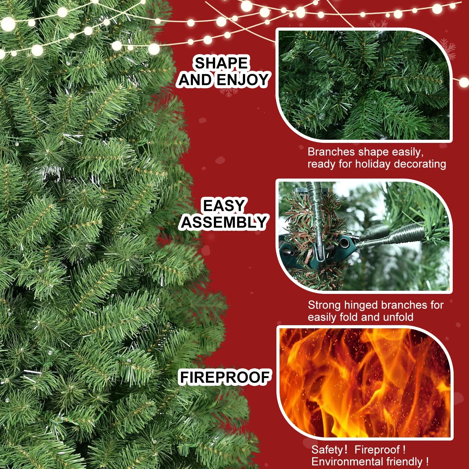 HKM-658067 8ft Hinged Green Christmas Tree, PVC Pine Design for Indoor Decoration, 4 Parts Assembly