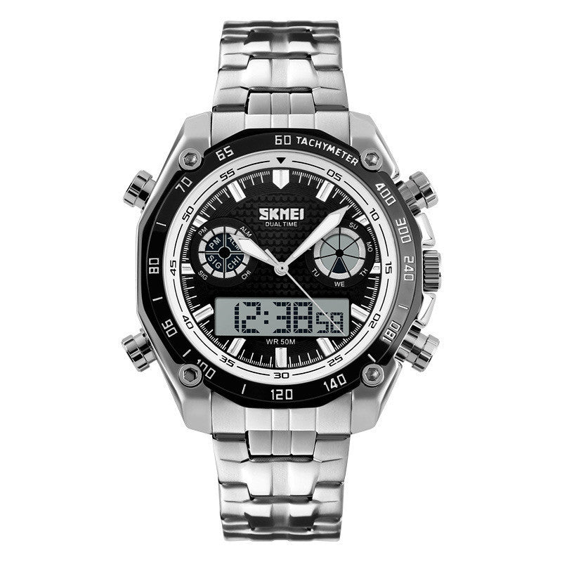 HKM-658131 Men's Quartz Watch with Luminous Function, Dual Time, Alarm, Calendar, Waterproof, Stainless Steel Strap, 48mm Dial