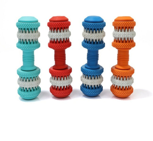 HKM-6582461 Durable Rubber Molar Dumbbell Toy for Dogs in Red, Dark Blue, Orange, and Blue