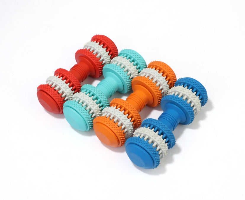 HKM-6582461 Durable Rubber Molar Dumbbell Toy for Dogs in Red, Dark Blue, Orange, and Blue