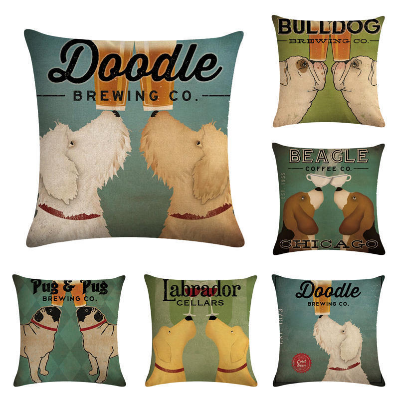 HKM-659155 Wine Glass Dog Series Modern Linen Pillowcase - 45x45cm Cotton Cover