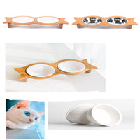 HKM-6593341 Bamboo Cat Bowl with Porcelain and Stainless Steel Inserts, Eco-Friendly Design
