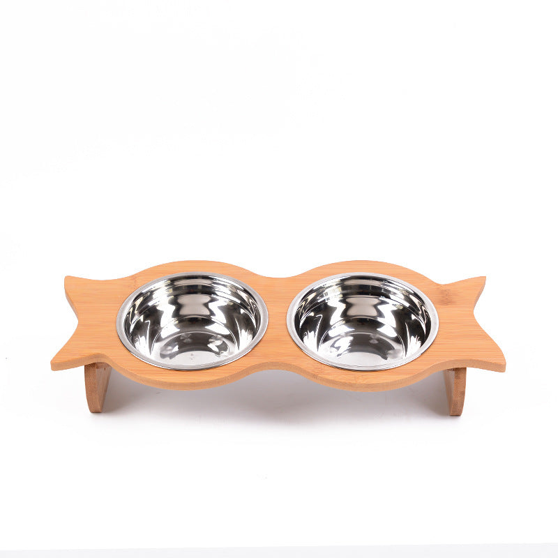 HKM-6593341 Bamboo Cat Bowl with Porcelain and Stainless Steel Inserts, Eco-Friendly Design