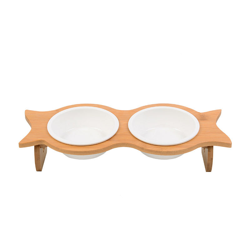 HKM-6593341 Bamboo Cat Bowl with Porcelain and Stainless Steel Inserts, Eco-Friendly Design