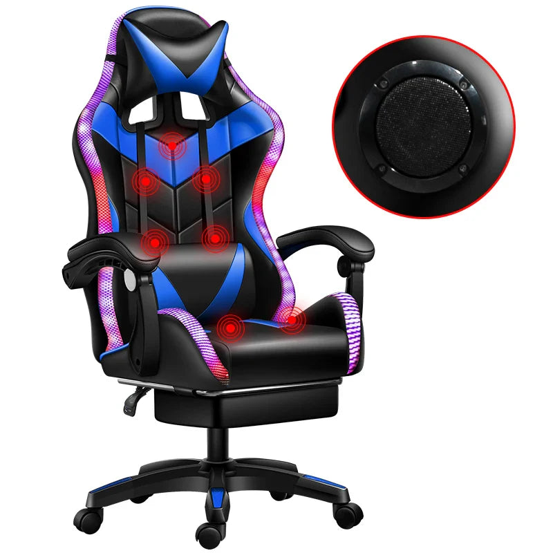 HKM-659475 Ergonomic Gaming Chair with LED RGB Lights, High Back Support, Footrest, and Adjustable Lumbar Support in Leather