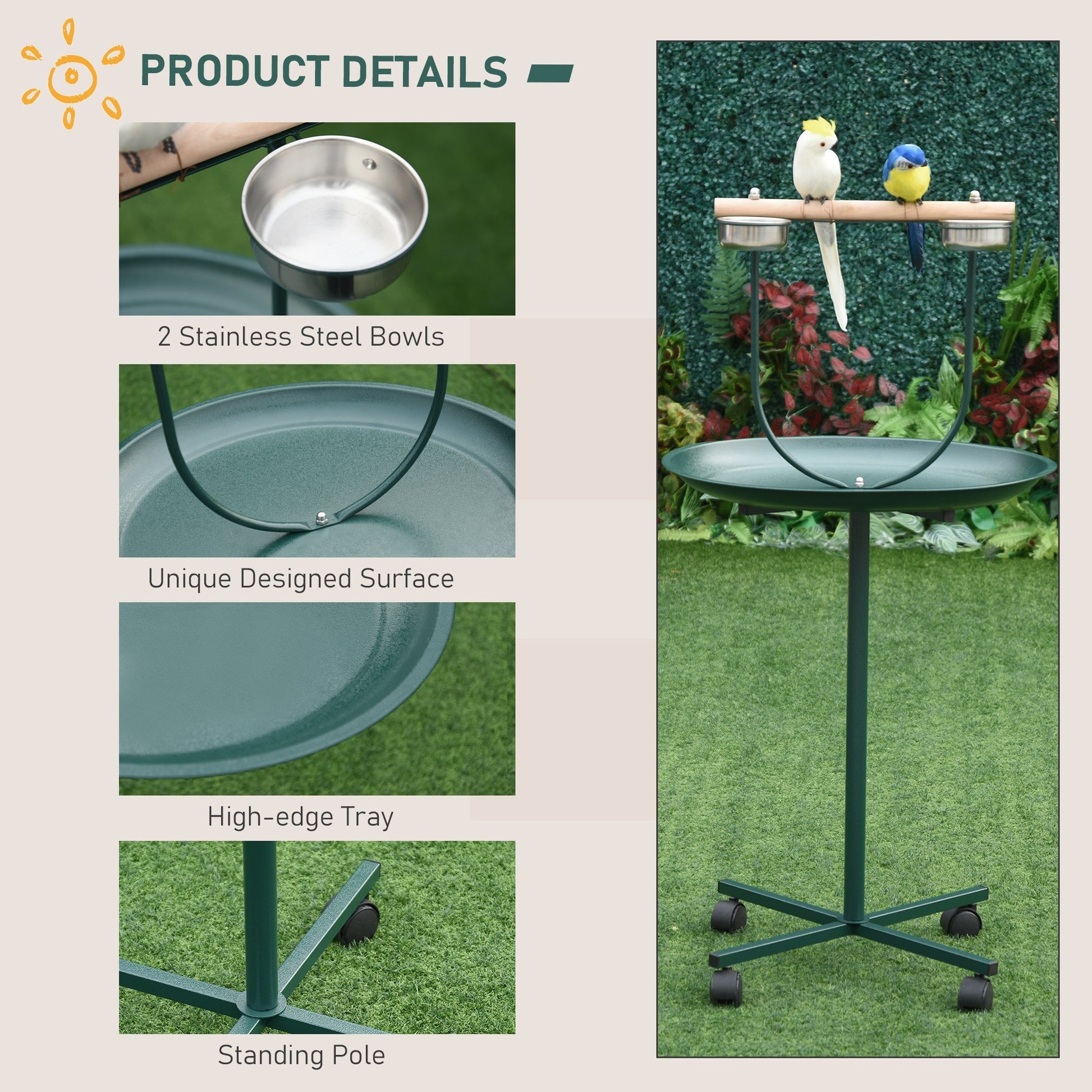 HKM-6595005 Rolling T-Stand Bird Training Playground with Perch and Stainless Steel Bowls