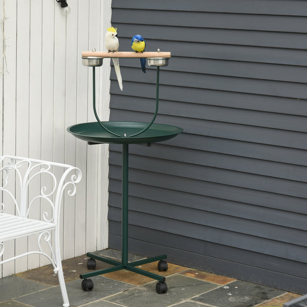 HKM-6595005 Rolling T-Stand Bird Training Playground with Perch and Stainless Steel Bowls