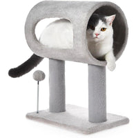 HKM-659923 Gray Indoor Cat Tree with Tunnel, Scratching Posts, and Hanging Balls for Playful Cats