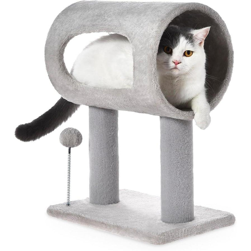 HKM-659923 Gray Indoor Cat Tree with Tunnel, Scratching Posts, and Hanging Balls for Playful Cats
