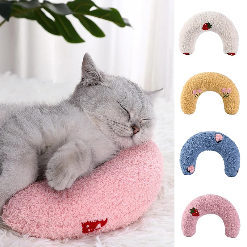 HKM-660051 Cozy U-Shaped Pet Pillow for Cats and Small Dogs - Soft Faux Fur Headrest for Deep Sleep and Comfort