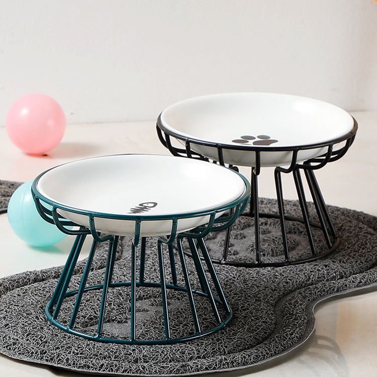 HKM-6603069 Ceramic Cat and Dog High Bowl with Bamboo Frame - Shallow Mouth Design for Comfort