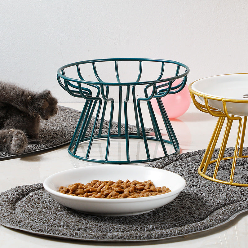 HKM-6603069 Ceramic Cat and Dog High Bowl with Bamboo Frame - Shallow Mouth Design for Comfort
