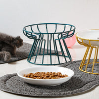 HKM-6603069 Ceramic Cat and Dog High Bowl with Bamboo Frame - Shallow Mouth Design for Comfort