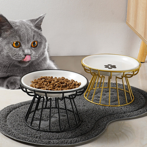 HKM-6603069 Ceramic Cat and Dog High Bowl with Bamboo Frame - Shallow Mouth Design for Comfort