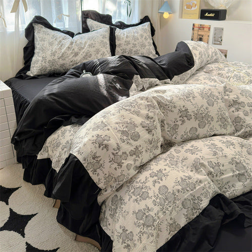 HKM-660563 Korean Style Washed Cotton Four-Piece Lace Bedding Set with Bed Skirt