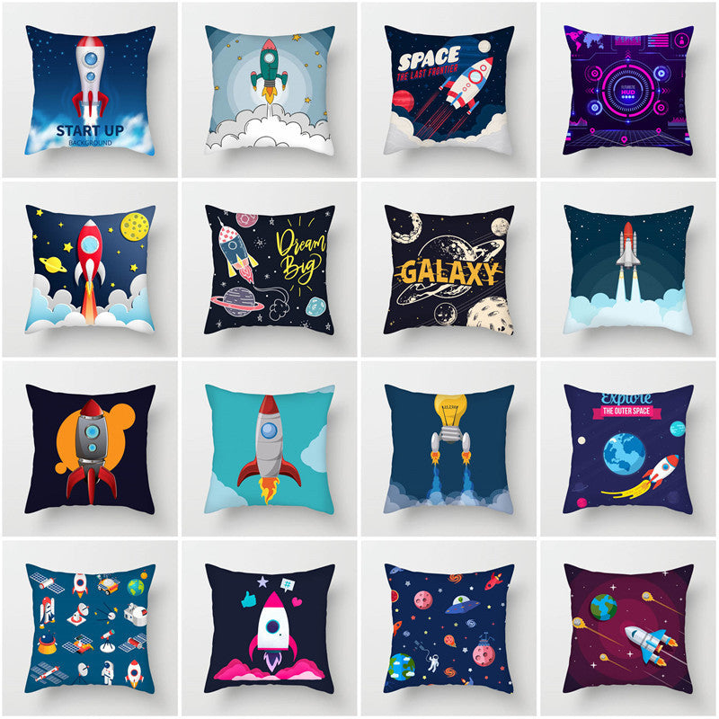 HKM-661139 Spaceship Cartoon Cushion Cover - Astronaut Rocket Pillow Case 45x45cm in Various Colors