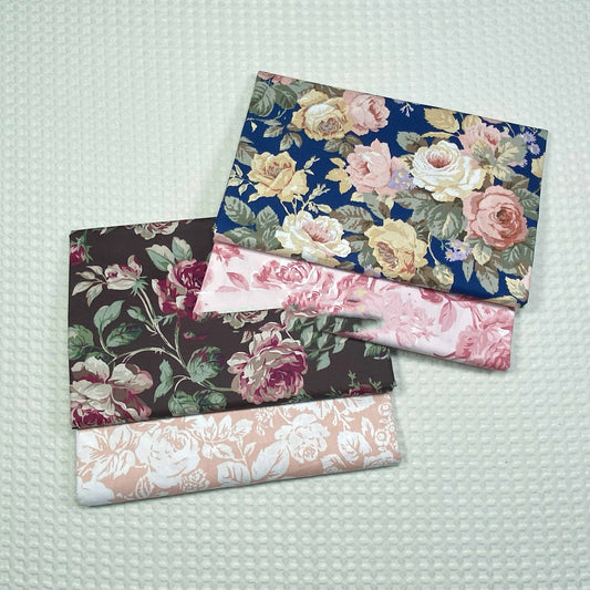 HKM-661715 Rose Flower Cotton Twill Fabric - Plants and Flowers Pattern in Blue and Coffee Variants, 0.5 x 1.6 M