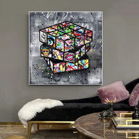 HKM-661843 Banksy-Inspired Graffiti Rubik's Cube Canvas Wall Art, Framed Decoration