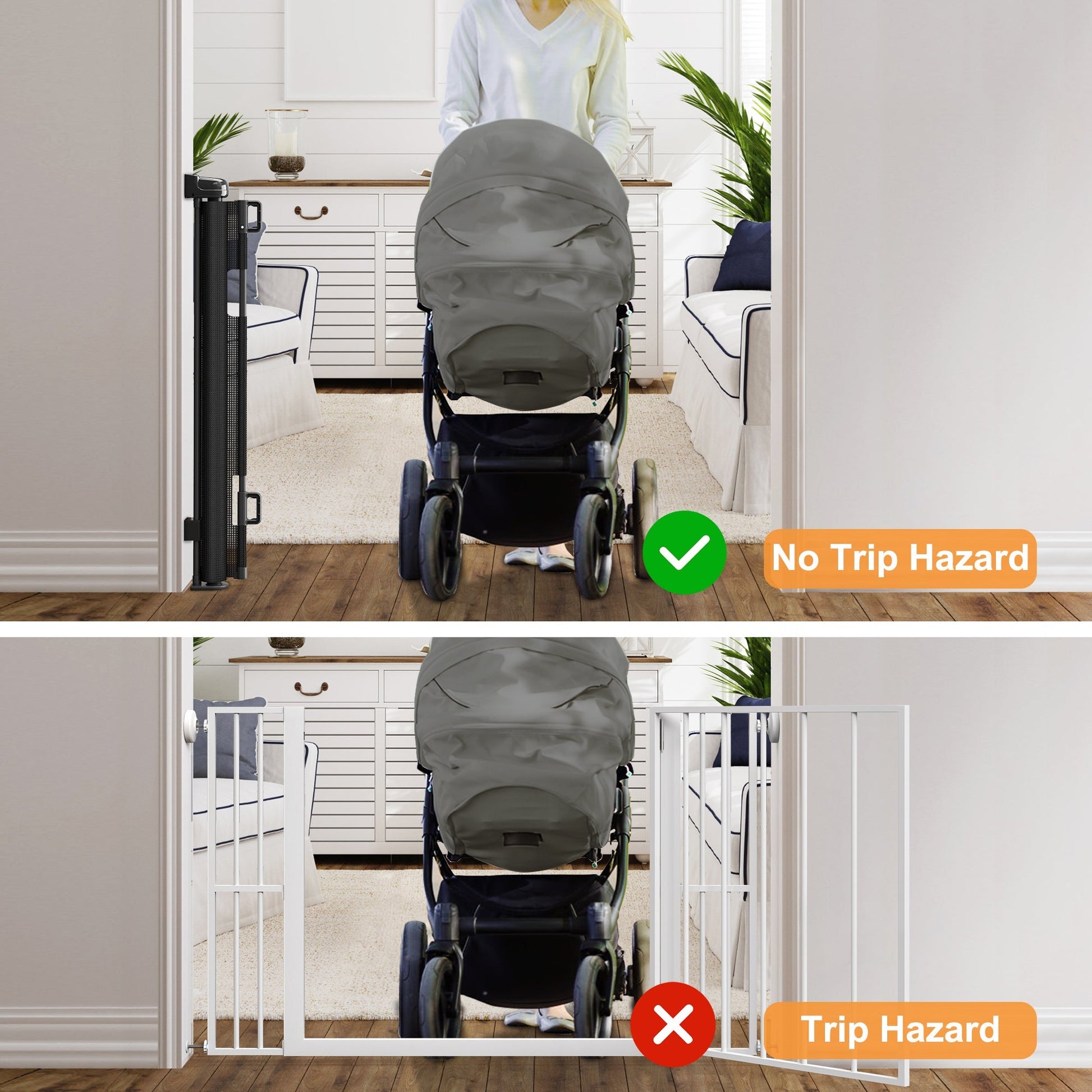 HKM-6625597 Retractable Child Safety Gate for Doorways, Indoor & Outdoor Use, 76" Wide, 33" Tall, Adjustable Mesh Design