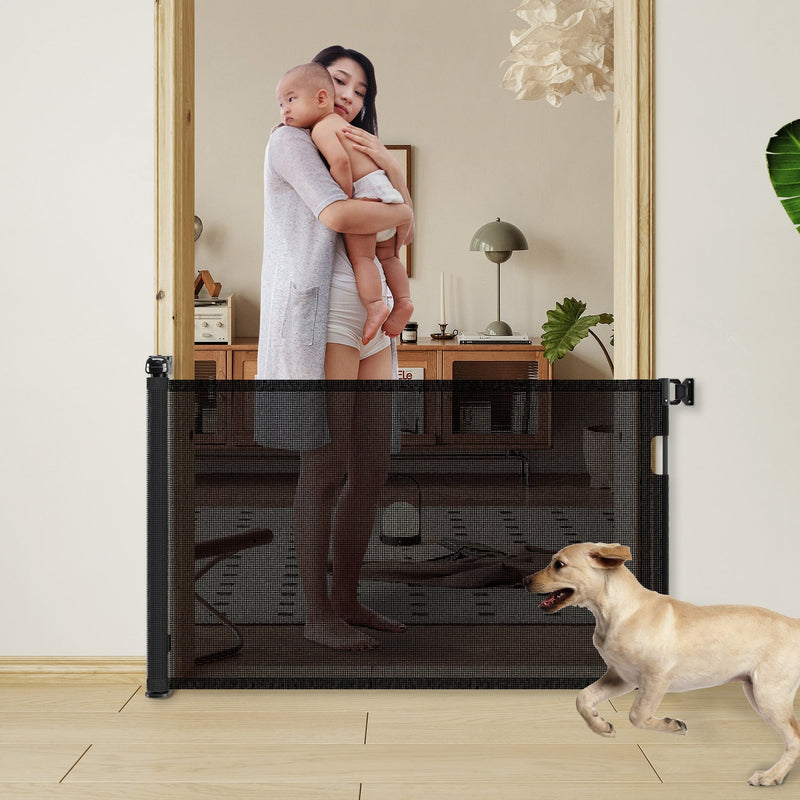 HKM-6625597 Retractable Child Safety Gate for Doorways, Indoor & Outdoor Use, 76" Wide, 33" Tall, Adjustable Mesh Design