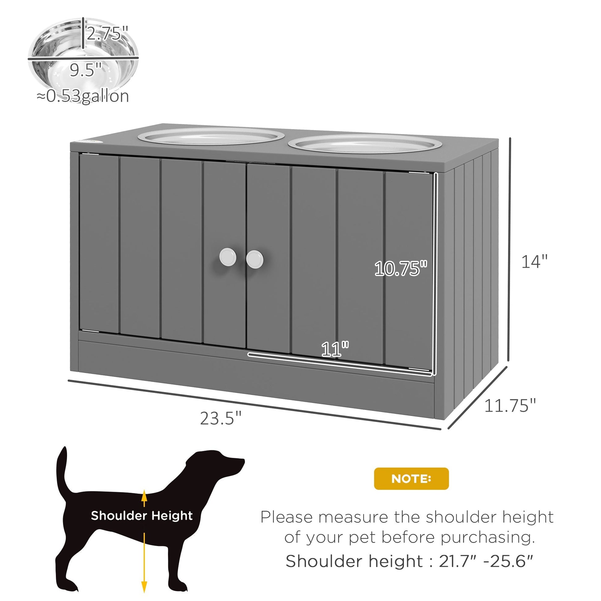 HKM-6626109 Elevated Dog Bowl Stand with Storage Cabinet and Stainless Steel Bowls, Gray