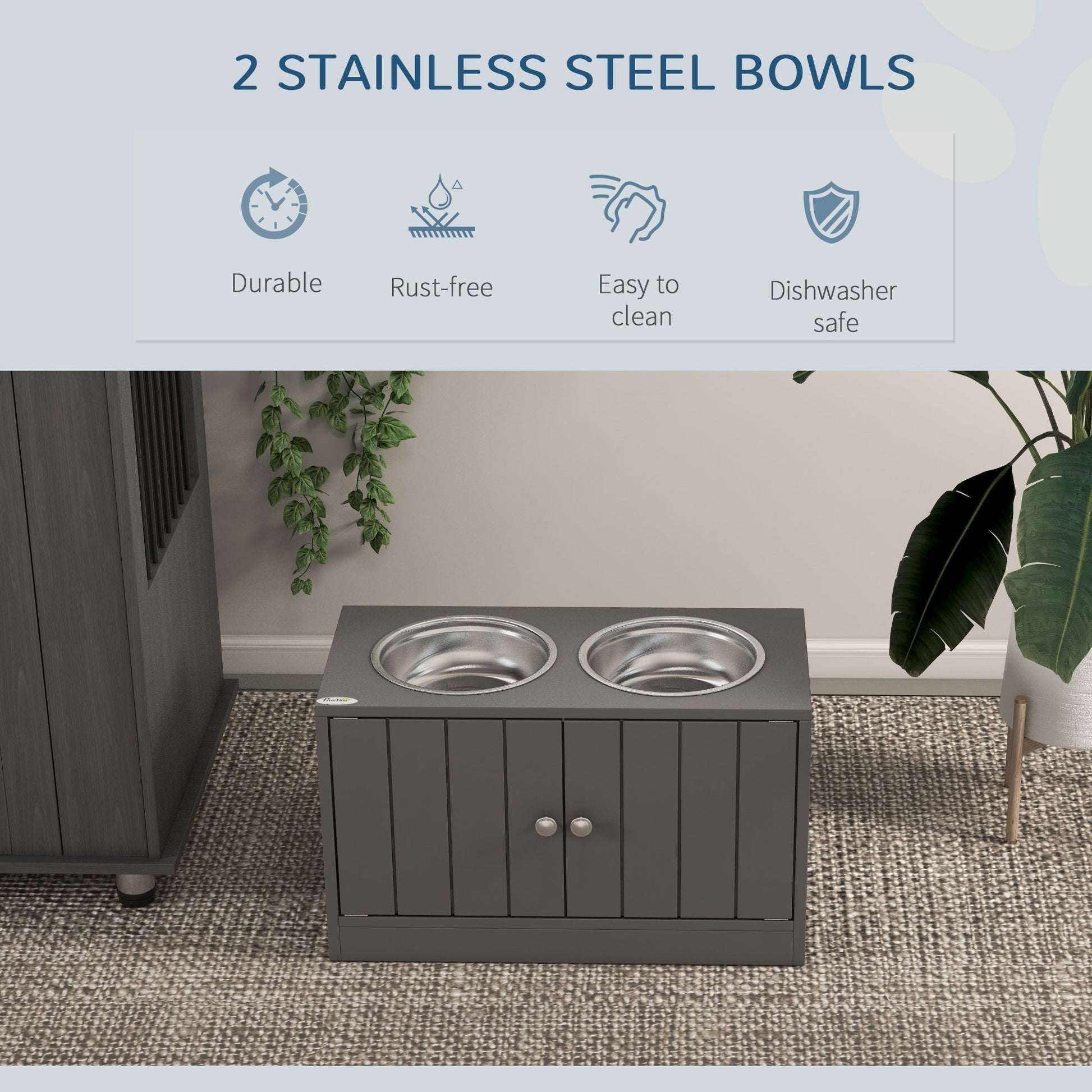 HKM-6626109 Elevated Dog Bowl Stand with Storage Cabinet and Stainless Steel Bowls, Gray