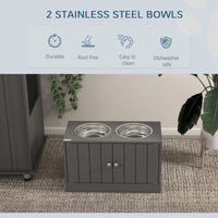 HKM-6626109 Elevated Dog Bowl Stand with Storage Cabinet and Stainless Steel Bowls, Gray