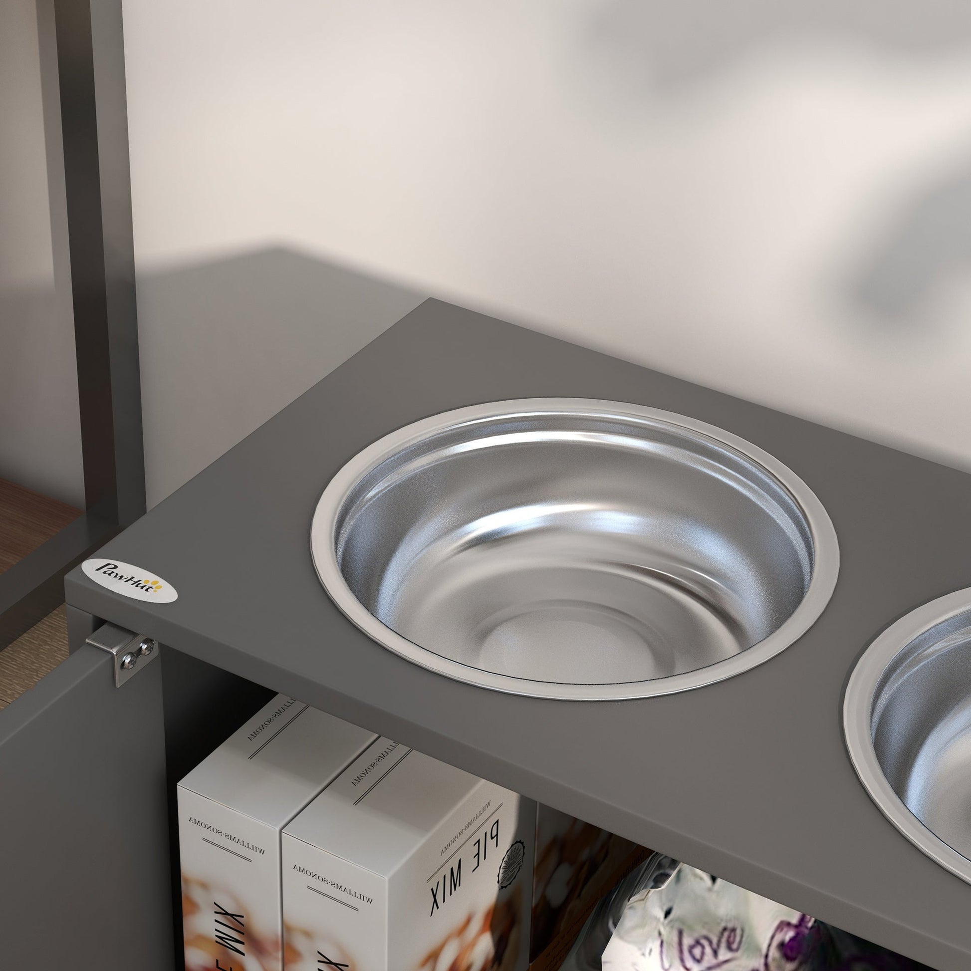 HKM-6626109 Elevated Dog Bowl Stand with Storage Cabinet and Stainless Steel Bowls, Gray