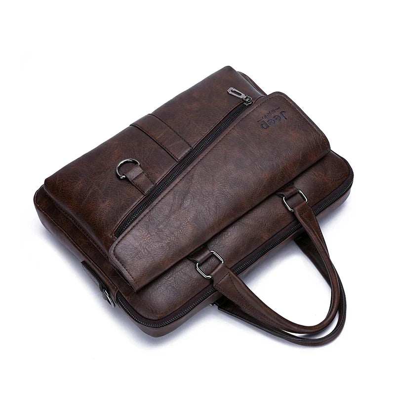 HKM-662611 Leather Laptop Briefcase with Shoulder Strap - Portable Crossbody Messenger Bag