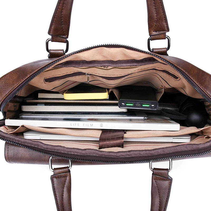 HKM-662611 Leather Laptop Briefcase with Shoulder Strap - Portable Crossbody Messenger Bag