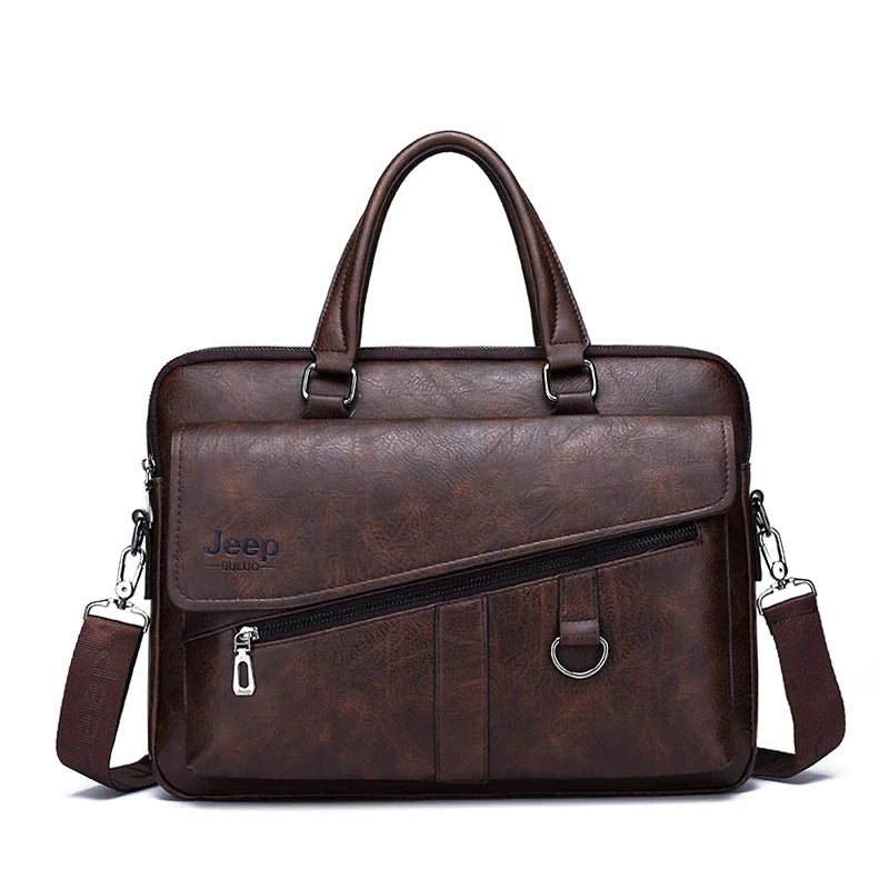 HKM-662611 Leather Laptop Briefcase with Shoulder Strap - Portable Crossbody Messenger Bag