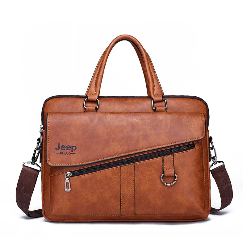 HKM-662611 Leather Laptop Briefcase with Shoulder Strap - Portable Crossbody Messenger Bag