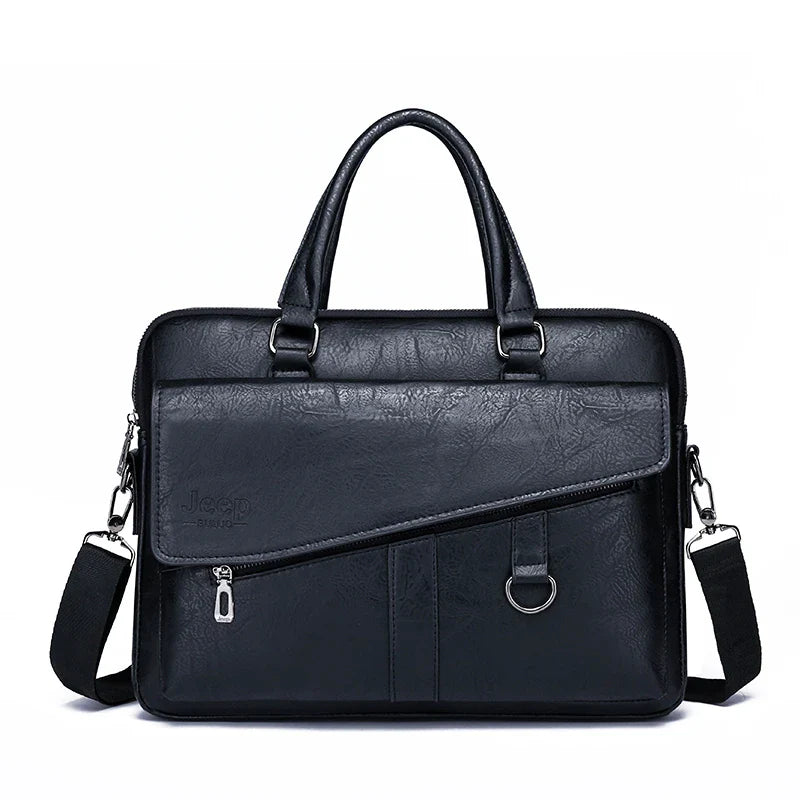HKM-662611 Leather Laptop Briefcase with Shoulder Strap - Portable Crossbody Messenger Bag