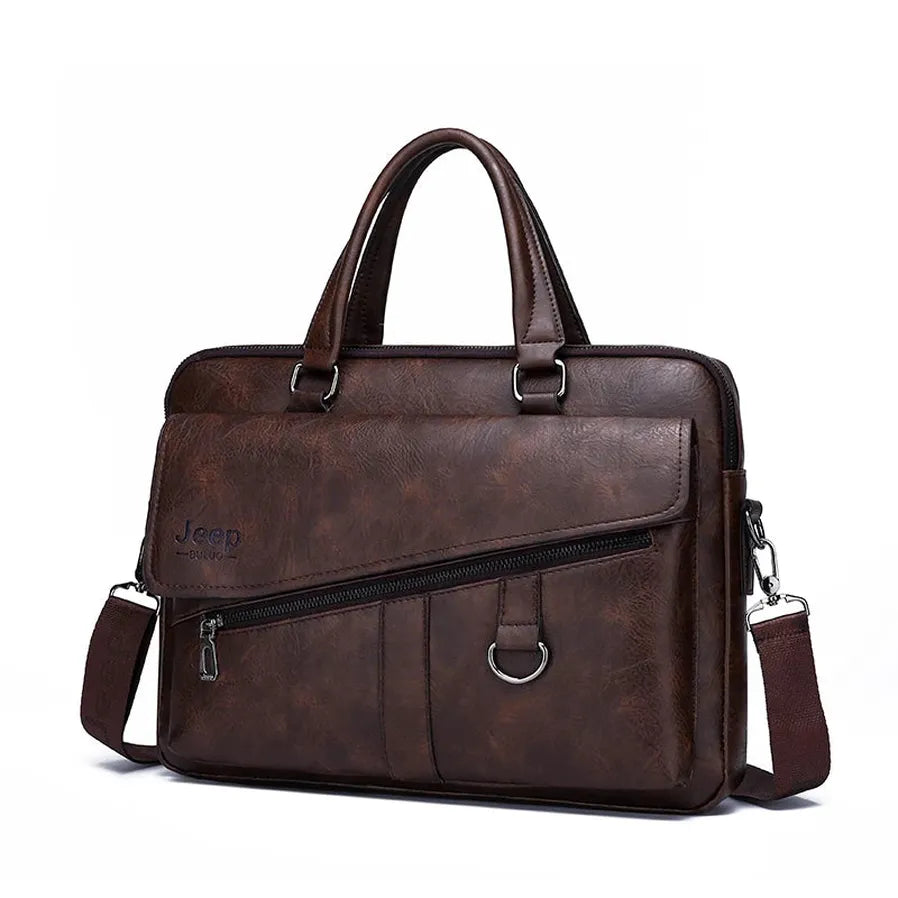 HKM-662611 Leather Laptop Briefcase with Shoulder Strap - Portable Crossbody Messenger Bag