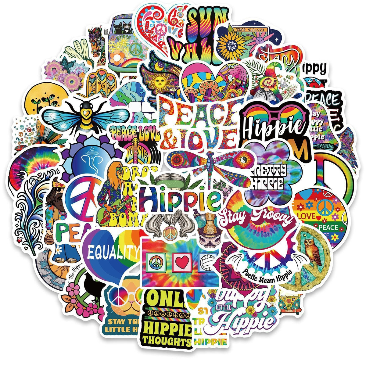 HKM-662931 Vibrant Cartoon Hippie Stickers Set - 50 Self-Adhesive Decorative Stickers for Smooth Surfaces