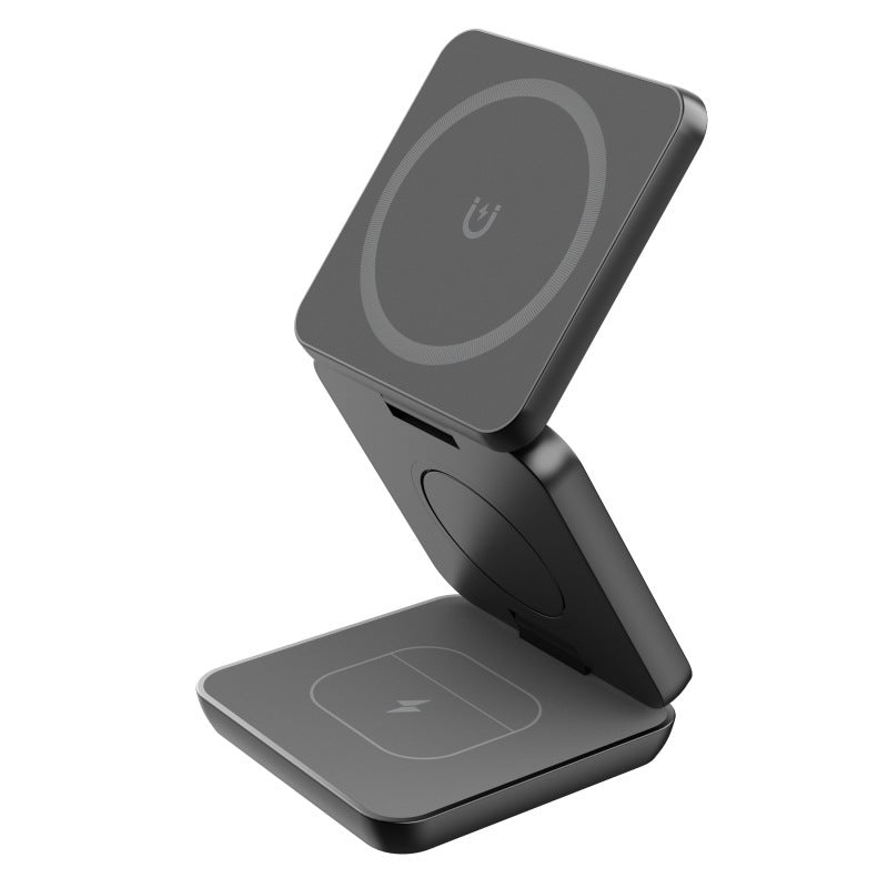 HKM-663123 15W Magnetic Wireless Charger with Folding Phone Holder, Type-C Compatible, Black/White