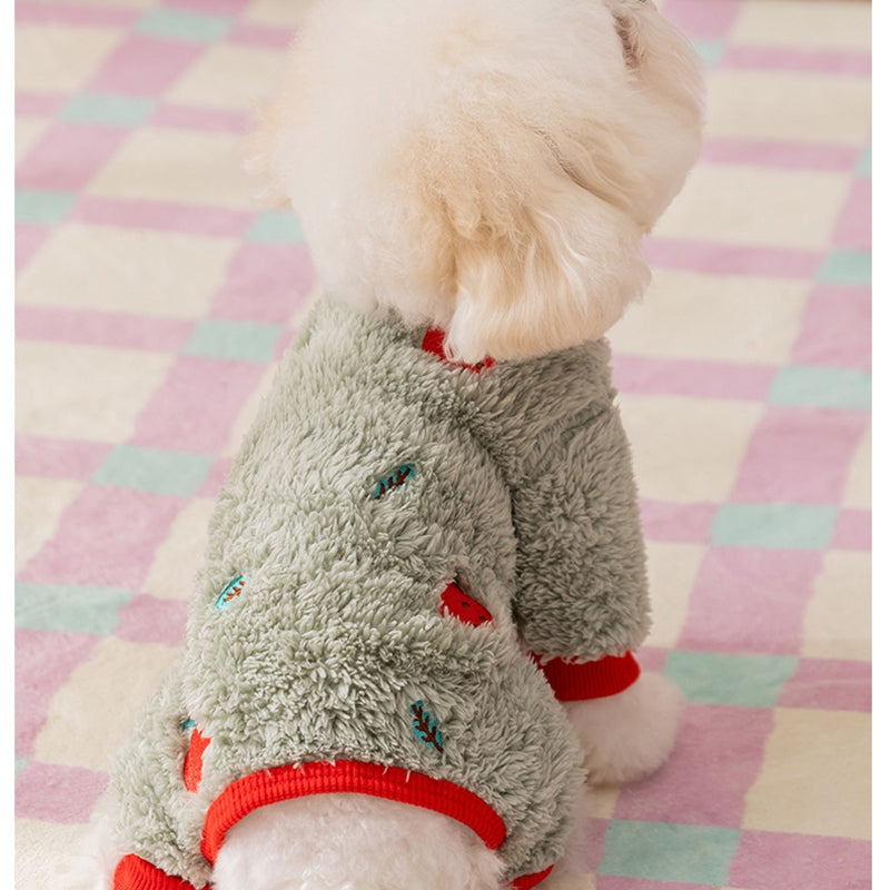 HKM-6640189 Fruit Embroidered Fuzzy Pet Onesie for Small Dogs and Cats in Beige and Gray