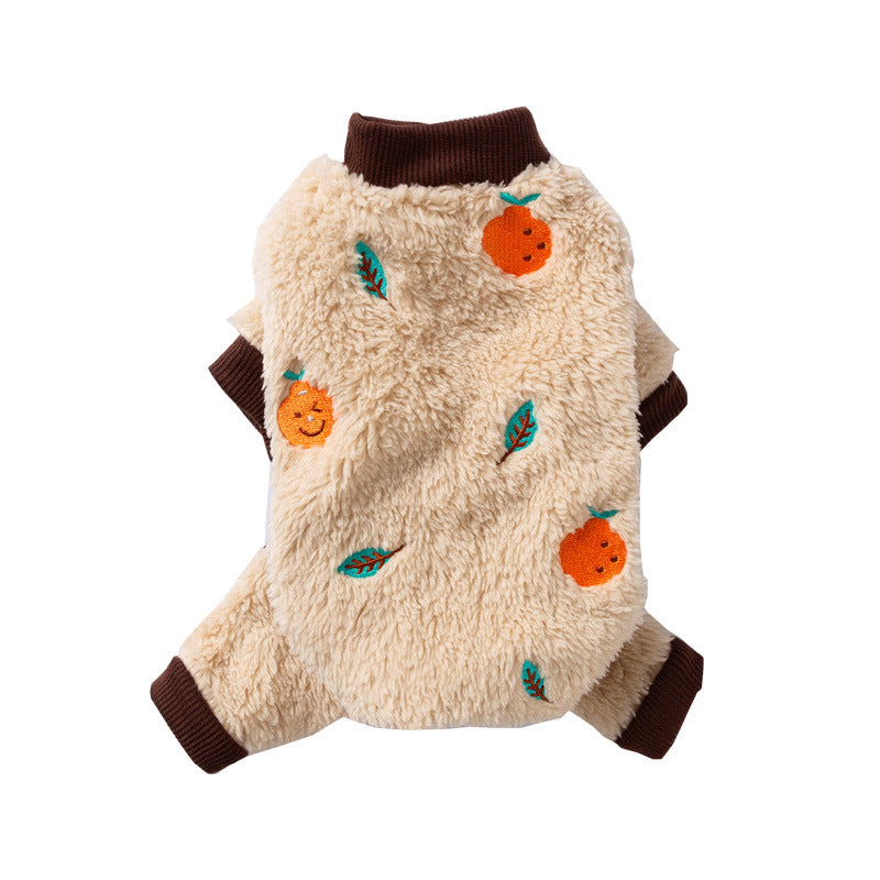 HKM-6640189 Fruit Embroidered Fuzzy Pet Onesie for Small Dogs and Cats in Beige and Gray