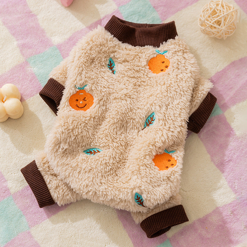 HKM-6640189 Fruit Embroidered Fuzzy Pet Onesie for Small Dogs and Cats in Beige and Gray