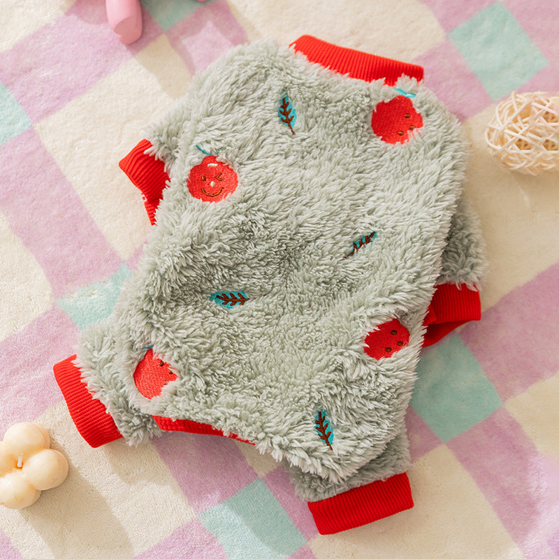HKM-6640189 Fruit Embroidered Fuzzy Pet Onesie for Small Dogs and Cats in Beige and Gray