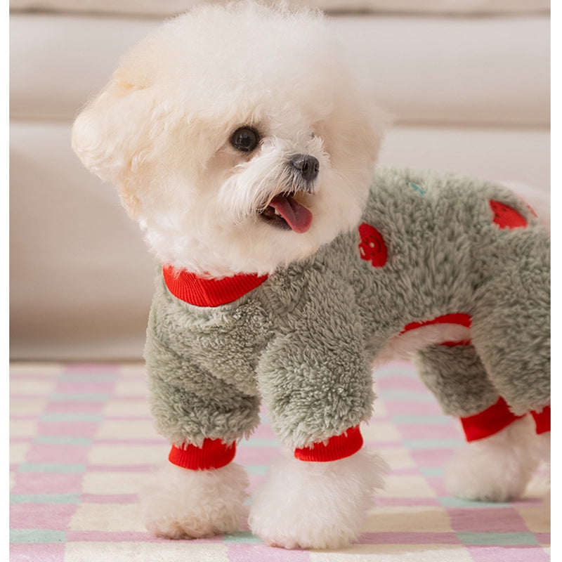 HKM-6640189 Fruit Embroidered Fuzzy Pet Onesie for Small Dogs and Cats in Beige and Gray