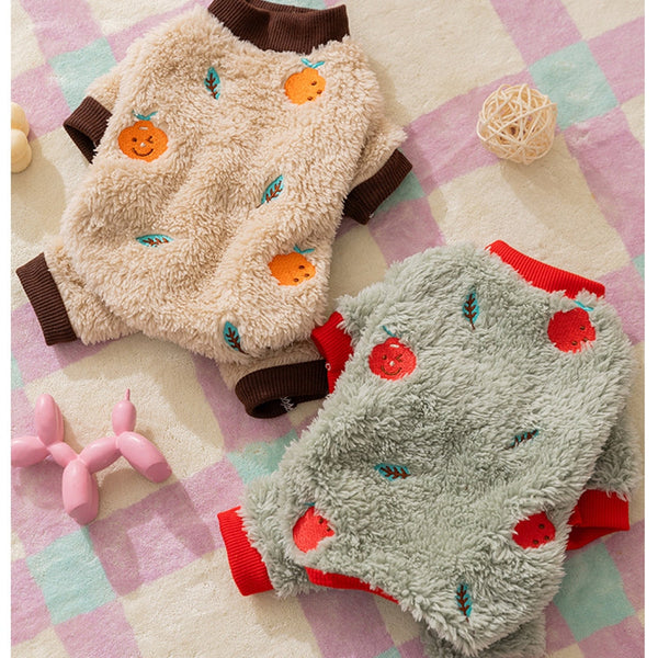 HKM-6640189 Fruit Embroidered Fuzzy Pet Onesie for Small Dogs and Cats in Beige and Gray