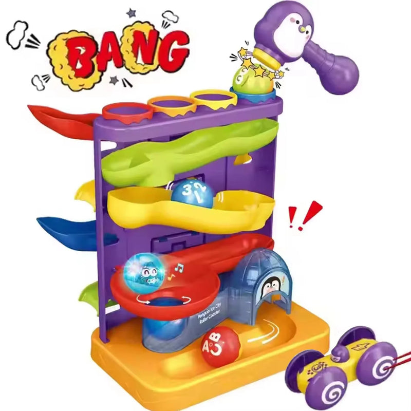 HKM-664467 Three-in-One Penguin Rolling Ball Toy Track for Kids Ages 2-7 - Educational Plastic Roller Coaster Game